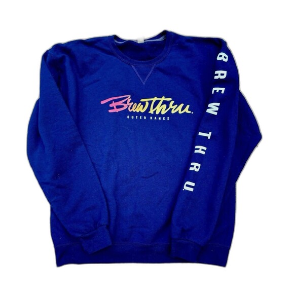 Vintage 80s Brew Thru OBX Blue Surfer Sleeve Spell Out Sweatshirt Sz Large - Picture 1 of 3